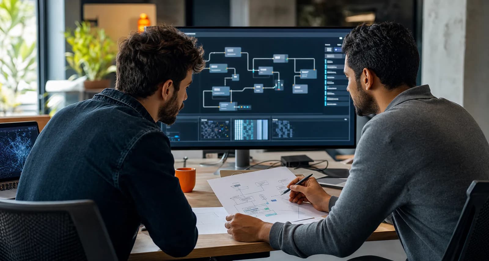 Engineers reviewing an AI workflow and process map