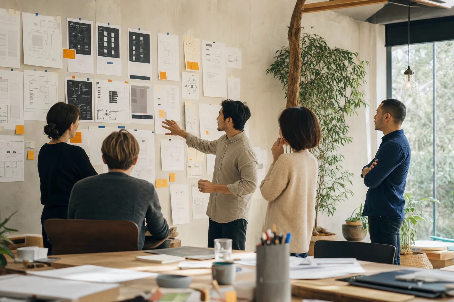Cross-cultural product team reviewing interface sketches in a bright studio
